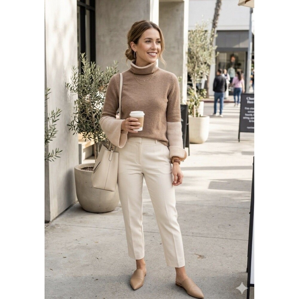 Cullen women sweater 100% Cashmere turtleneck color block Brown medium cream boh